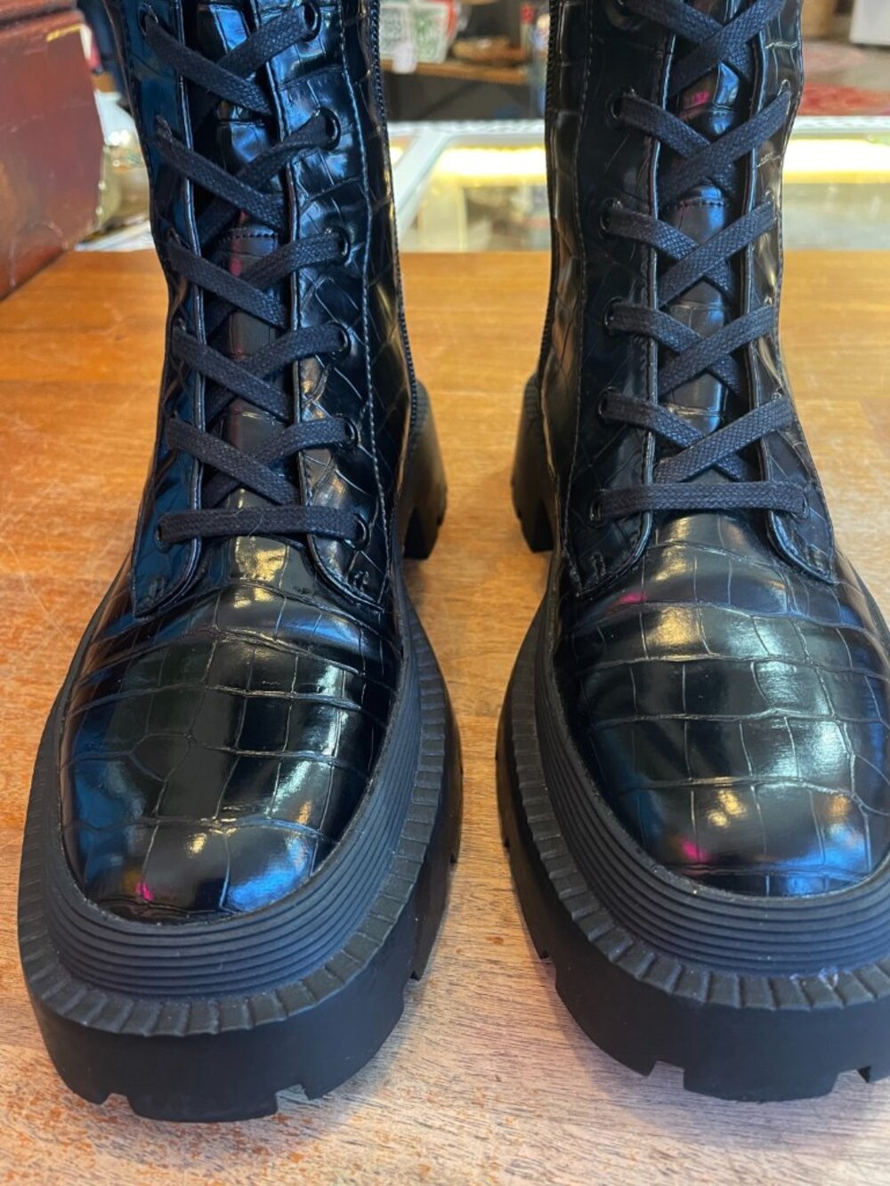 NEW! Zara Black Lug Sole Faux Croc Chunky Lace Zipper Tall Combat Boots 38 7.5 - Picture 7 of 14
